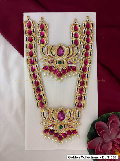 Magenta Double-Rail Petal-Fan Deity Long Necklace for Idol Alankaram full product view for deity idol alankaram