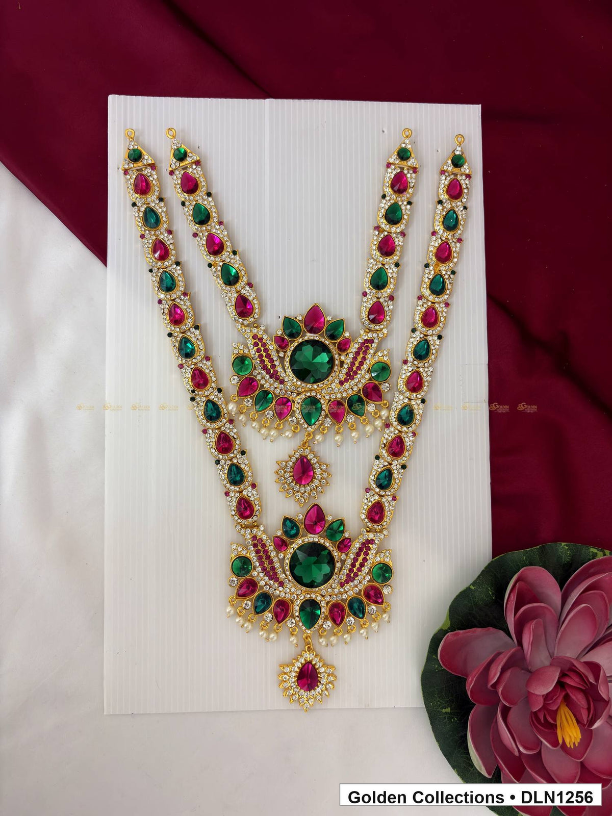 Green Round-Accent Layered Curve Deity Long Necklace for Idol Alankaram full product view for deity idol alankaram