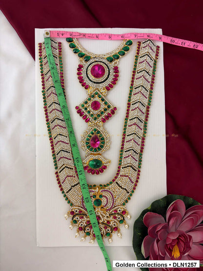 Alternate product view of Red Green Chevron-Border Drop Cascade Deity Long Necklace for Idol Alankaram for deity idol alankaram