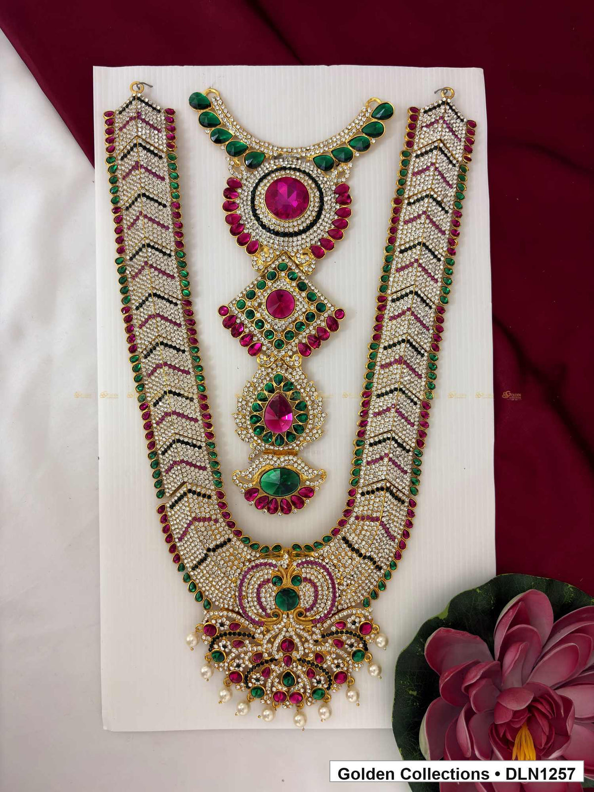 Red Green Chevron-Border Drop Cascade Deity Long Necklace for Idol Alankaram full product view for deity idol alankaram