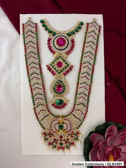 Red Green Chevron-Border Drop Cascade Deity Long Necklace for Idol Alankaram full product view for deity idol alankaram