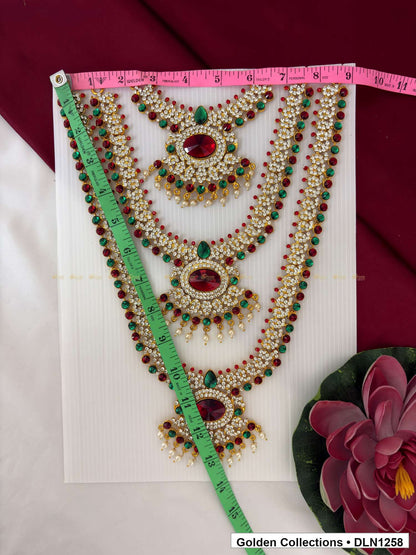 Alternate product view of Red Green Triple Scallop Medallion Deity Long Necklace for Idol Alankaram for deity idol alankaram