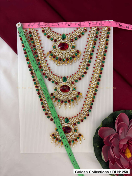 Alternate product view of Red Green Triple Scallop Medallion Deity Long Necklace for Idol Alankaram for deity idol alankaram