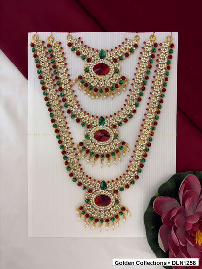 Red Green Triple Scallop Medallion Deity Long Necklace for Idol Alankaram full product view for deity idol alankaram