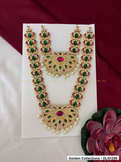 Green Leaf-Link Twin Fan Deity Long Necklace for Idol Alankaram full product view for deity idol alankaram