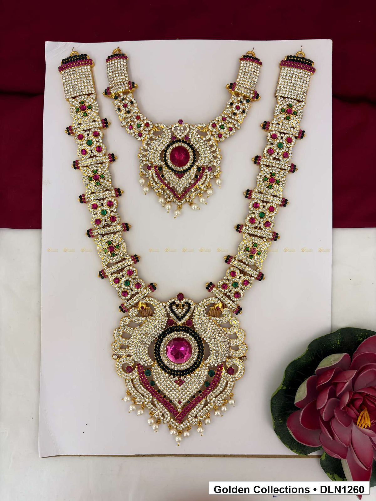 Red Green Rectangular-Link Layered Shield Deity Long Necklace for Idol Alankaram full product view for deity idol alankaram