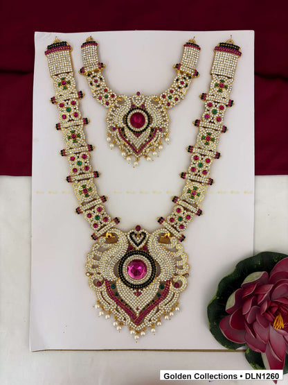 Red Green Rectangular-Link Layered Shield Deity Long Necklace for Idol Alankaram full product view for deity idol alankaram