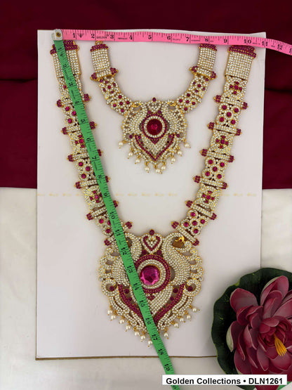Alternate product view of Red Green Twin Shield Pendant Deity Long Necklace for Idol Alankaram for deity idol alankaram