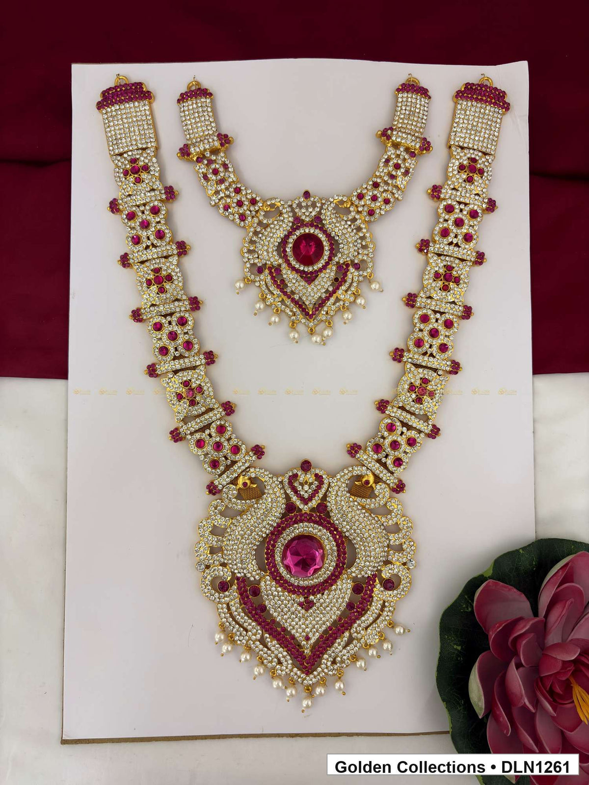 Red Green Twin Shield Pendant Deity Long Necklace for Idol Alankaram full product view for deity idol alankaram