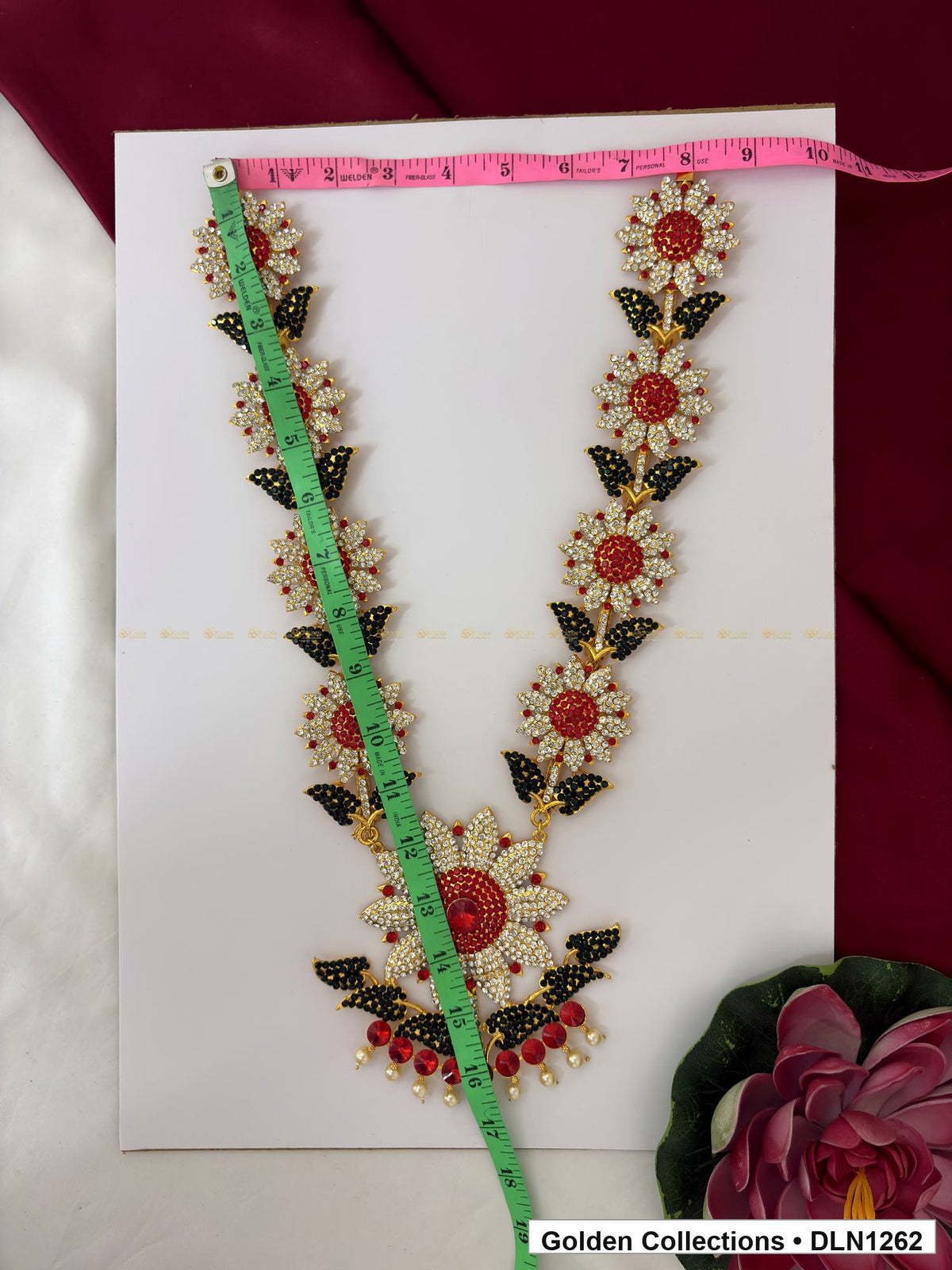 Alternate product view of Red and Dark Green Floral-Link Fan Pendant Deity Long Necklace for Idol Alankaram for deity idol alankaram