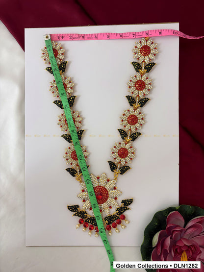 Alternate product view of Red and Dark Green Floral-Link Fan Pendant Deity Long Necklace for Idol Alankaram for deity idol alankaram