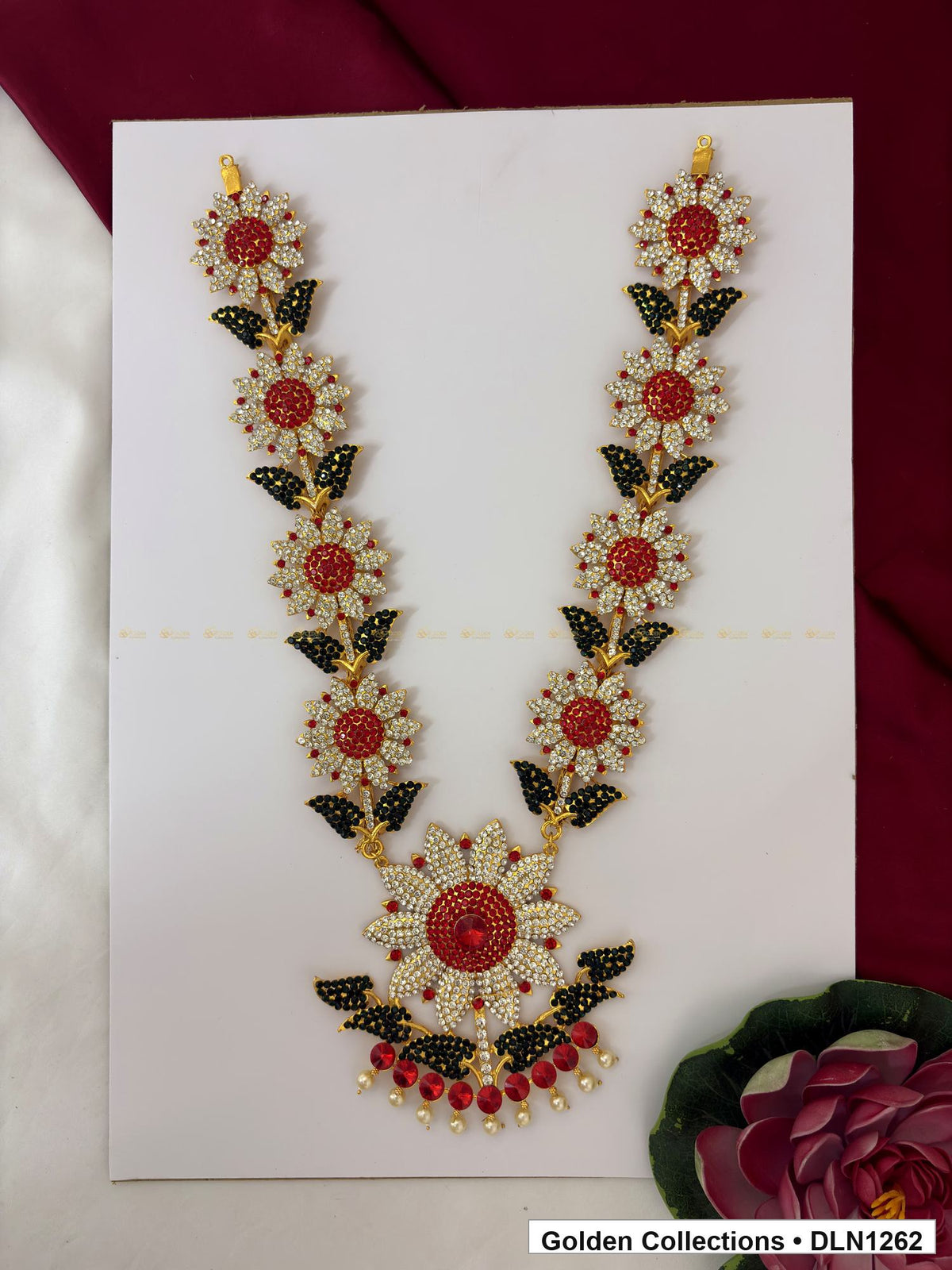 Red and Dark Green Floral-Link Fan Pendant Deity Long Necklace for Idol Alankaram full product view for deity idol alankaram