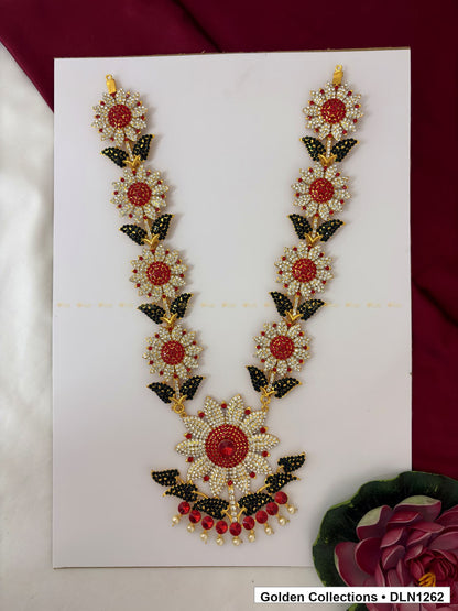 Red and Dark Green Floral-Link Fan Pendant Deity Long Necklace for Idol Alankaram full product view for deity idol alankaram