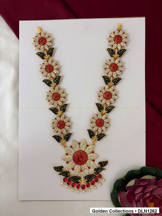 Red and Dark Green Floral-Link Fan Pendant Deity Long Necklace for Idol Alankaram full product view for deity idol alankaram