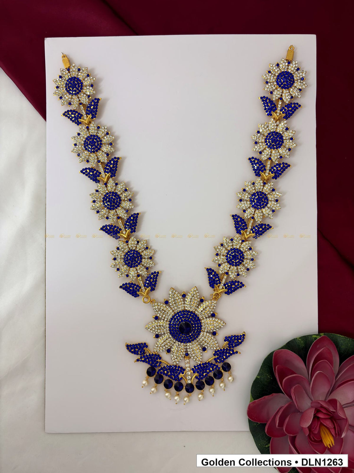 Blue Floral-Link Fan Pendant Deity Long Necklace for Idol Alankaram full product view for deity idol alankaram