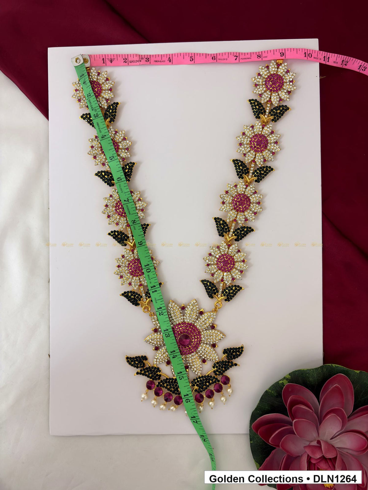 Alternate product view of Pink and Dark Green Floral-Link Fan Pendant Deity Long Necklace for Idol Alankaram for deity idol alankaram
