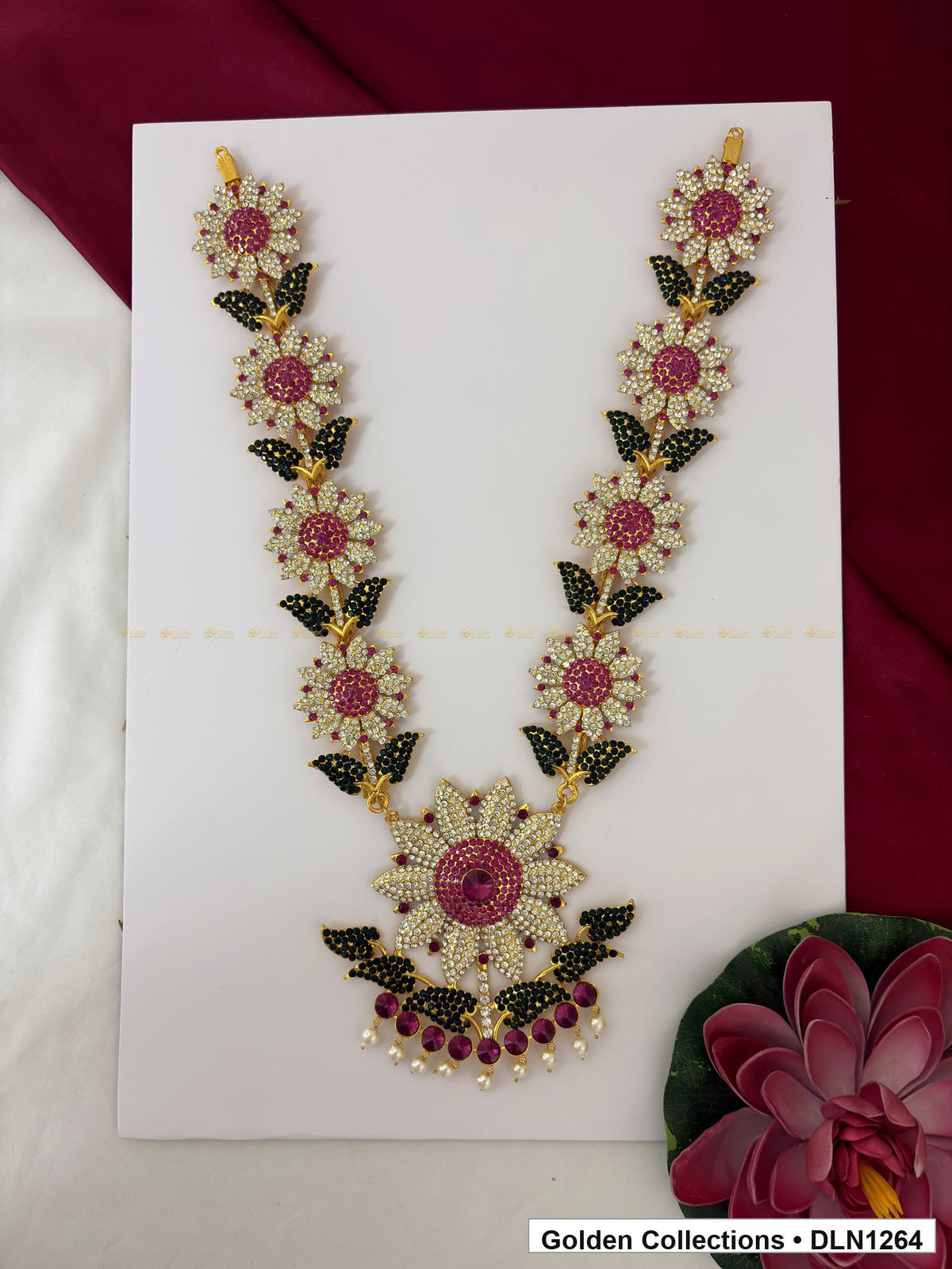 Pink and Dark Green Floral-Link Fan Pendant Deity Long Necklace for Idol Alankaram full product view for deity idol alankaram