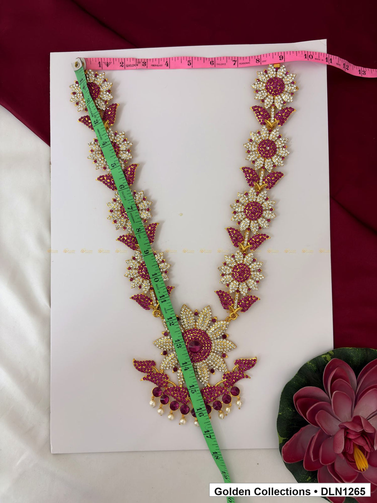 Alternate product view of Magenta Floral-Link Fan Pendant Deity Long Necklace for Idol Alankaram for deity idol alankaram