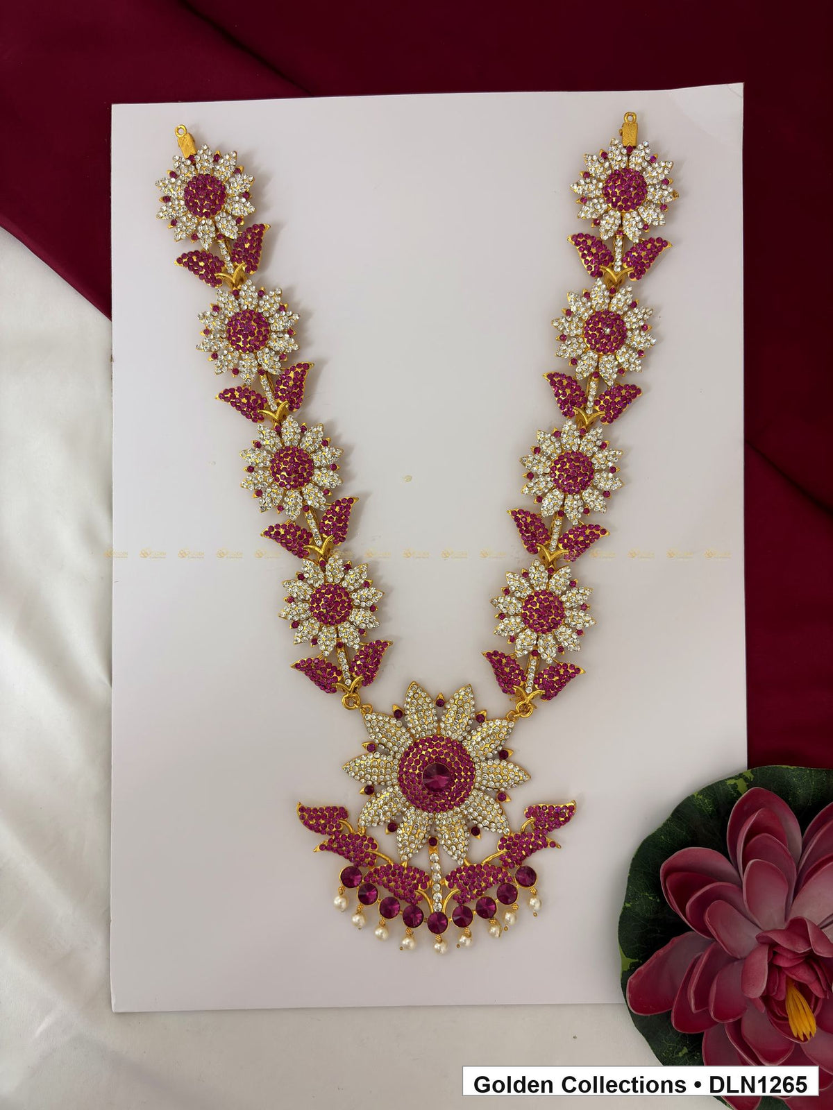Magenta Floral-Link Fan Pendant Deity Long Necklace for Idol Alankaram full product view for deity idol alankaram