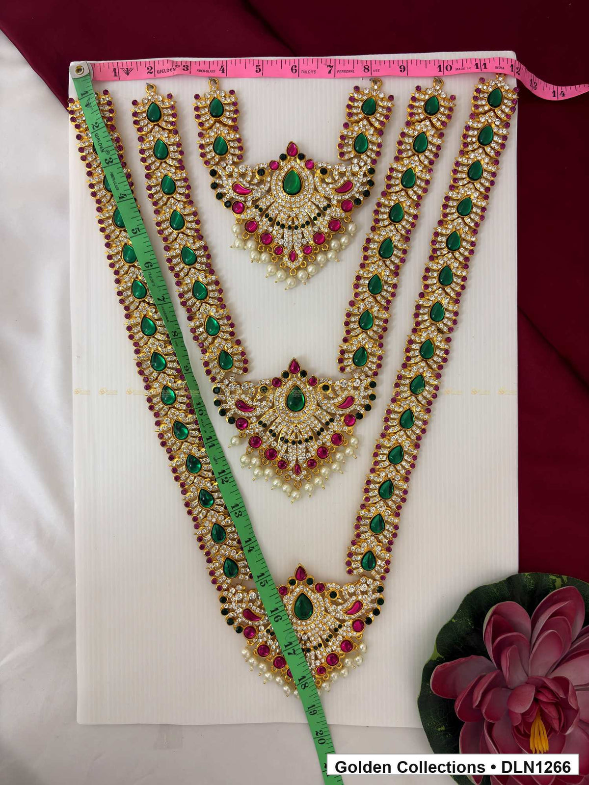 Alternate product view of Green Teardrop Three-Arc Deity Long Necklace for Idol Alankaram for deity idol alankaram