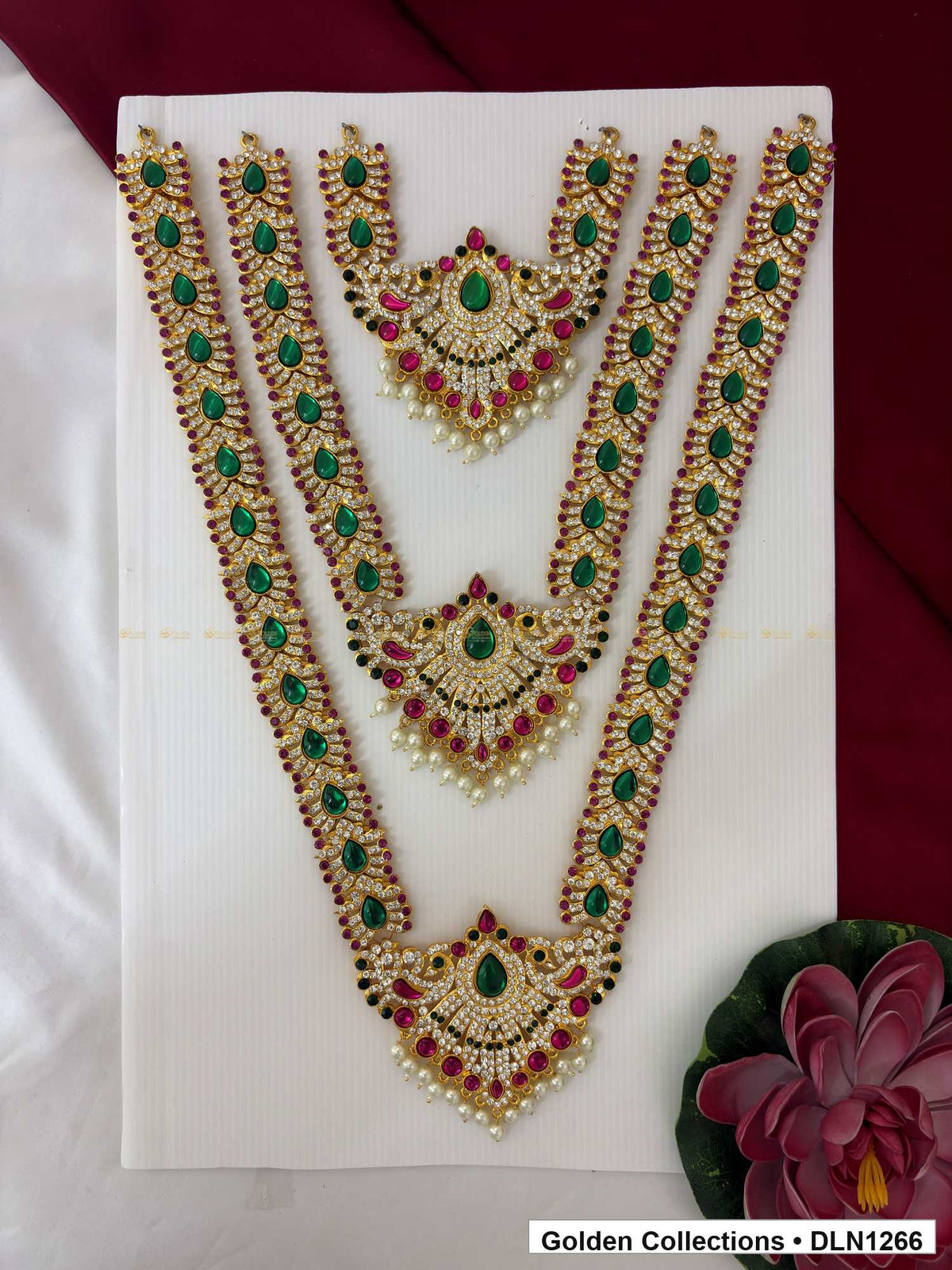 Green Teardrop Three-Arc Deity Long Necklace for Idol Alankaram full product view for deity idol alankaram