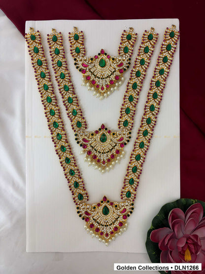 Green Teardrop Three-Arc Deity Long Necklace for Idol Alankaram full product view for deity idol alankaram