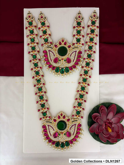 Green Oval Twin Curling-Medallion Deity Long Necklace for Idol Alankaram full product view for deity idol alankaram