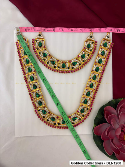 Alternate product view of Green Oval Double-Arc Deity Long Necklace for Idol Alankaram for deity idol alankaram