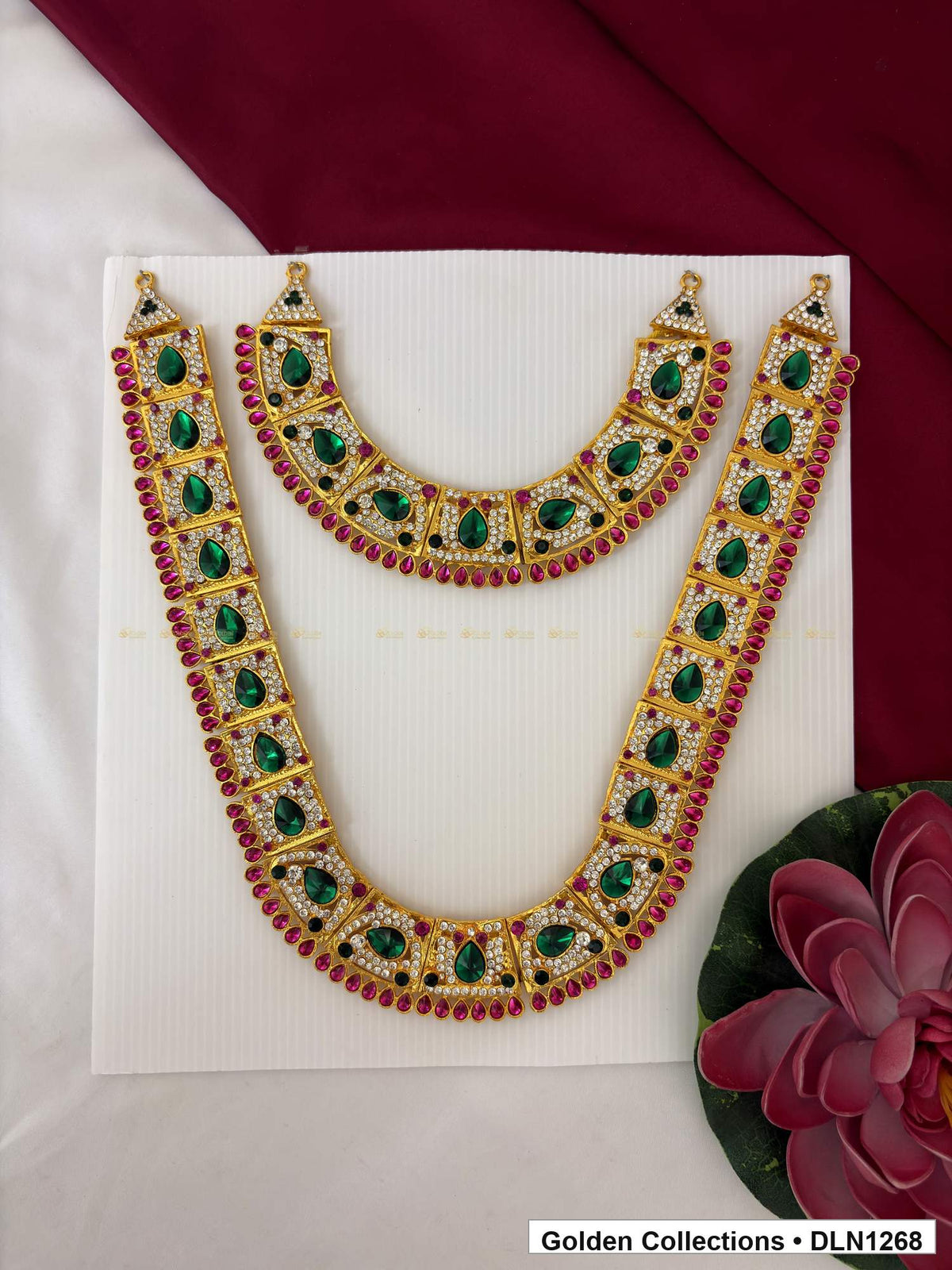 Green Oval Double-Arc Deity Long Necklace for Idol Alankaram full product view for deity idol alankaram