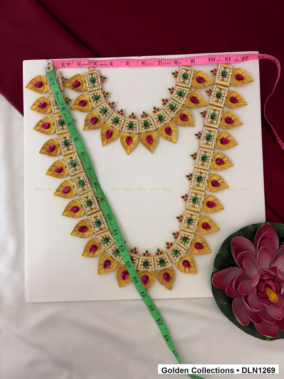 Alternate product view of Pink-Centered Pointed-Drop Double-Arc Deity Long Necklace for Idol Alankaram for deity idol alankaram