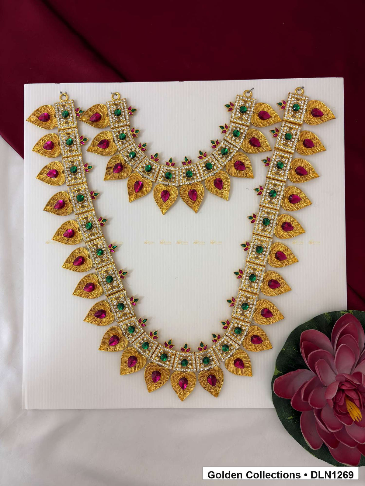 Pink-Centered Pointed-Drop Double-Arc Deity Long Necklace for Idol Alankaram full product view for deity idol alankaram