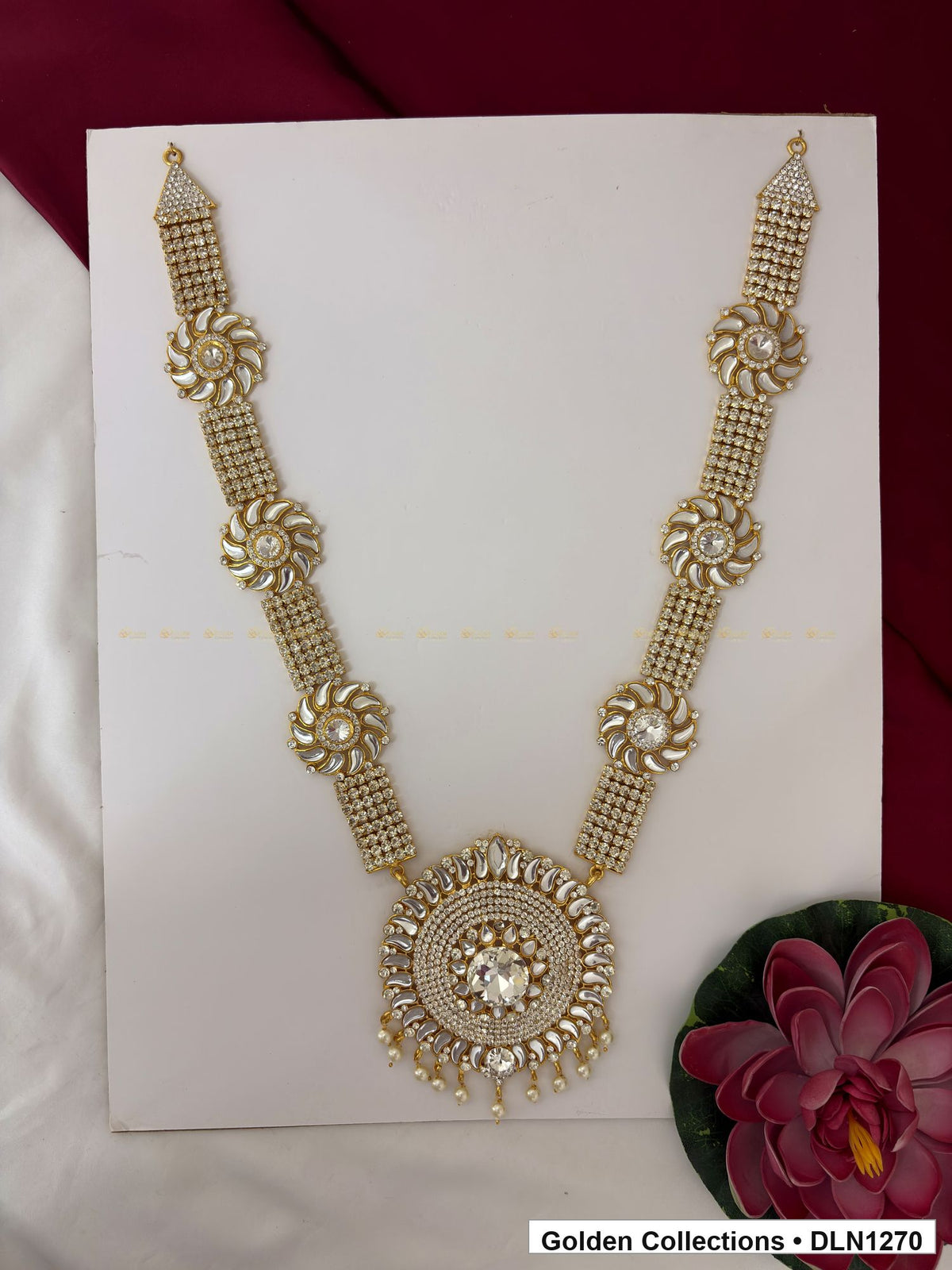 White Floral-Station Circular-Pendant Deity Long Necklace for Idol Alankaram full product view for deity idol alankaram