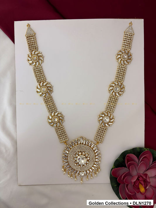 White Floral-Station Circular-Pendant Deity Long Necklace for Idol Alankaram full product view for deity idol alankaram
