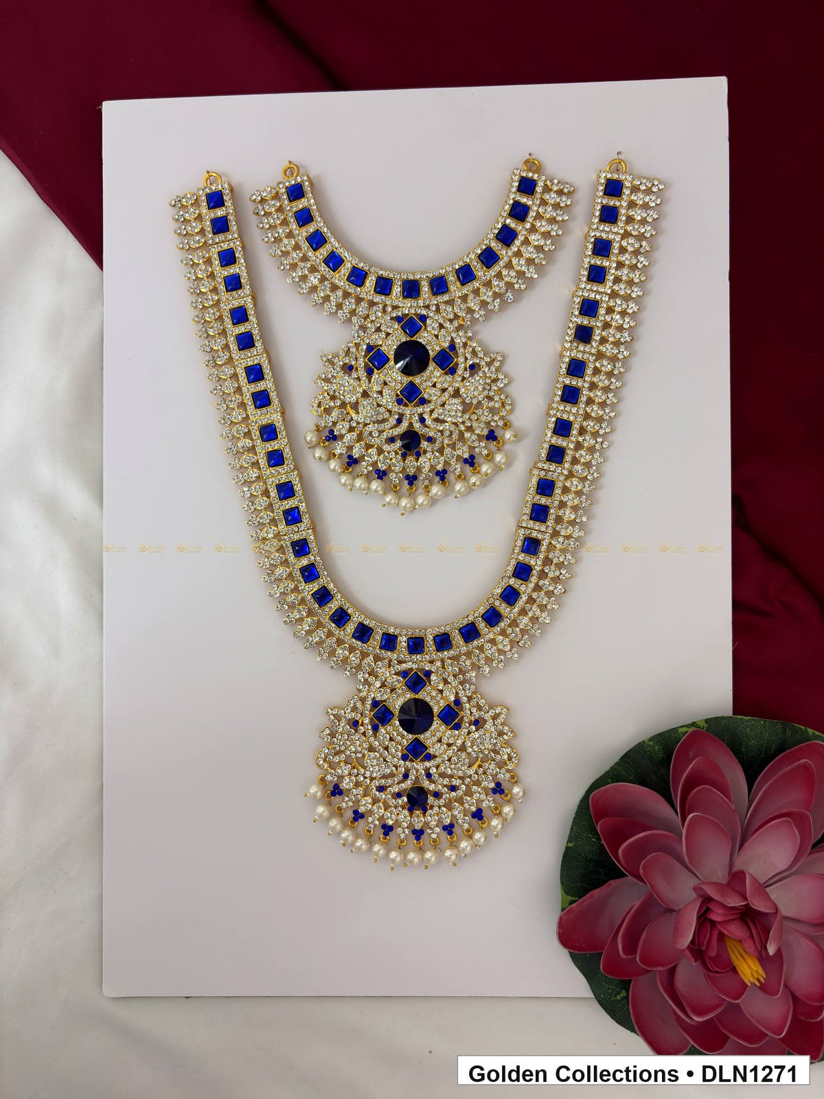 Blue Square-Arc Double-Medallion Deity Long Necklace for Idol Alankaram full product view for deity idol alankaram