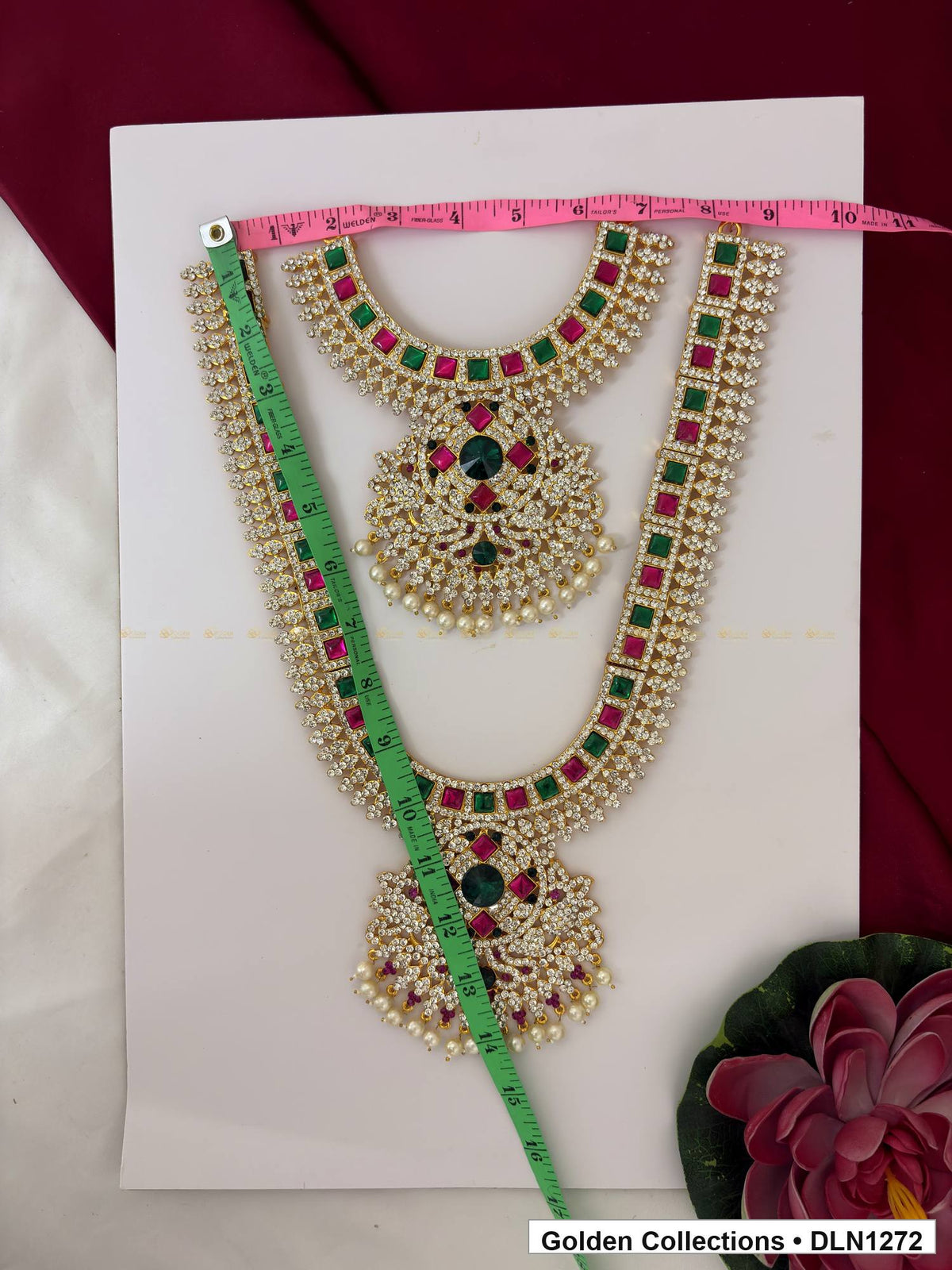 Alternate product view of Red-Green Square-Arc Double-Medallion Deity Long Necklace for Idol Alankaram for deity idol alankaram