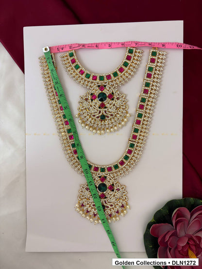 Alternate product view of Red-Green Square-Arc Double-Medallion Deity Long Necklace for Idol Alankaram for deity idol alankaram