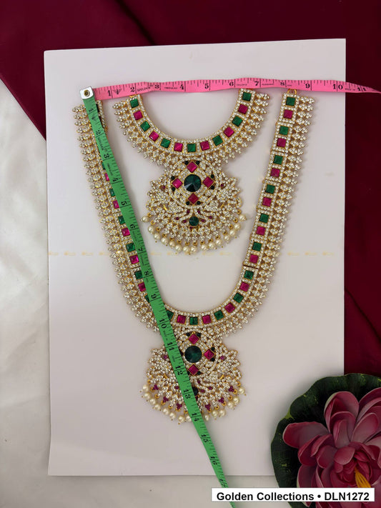 Alternate product view of Red-Green Square-Arc Double-Medallion Deity Long Necklace for Idol Alankaram for deity idol alankaram