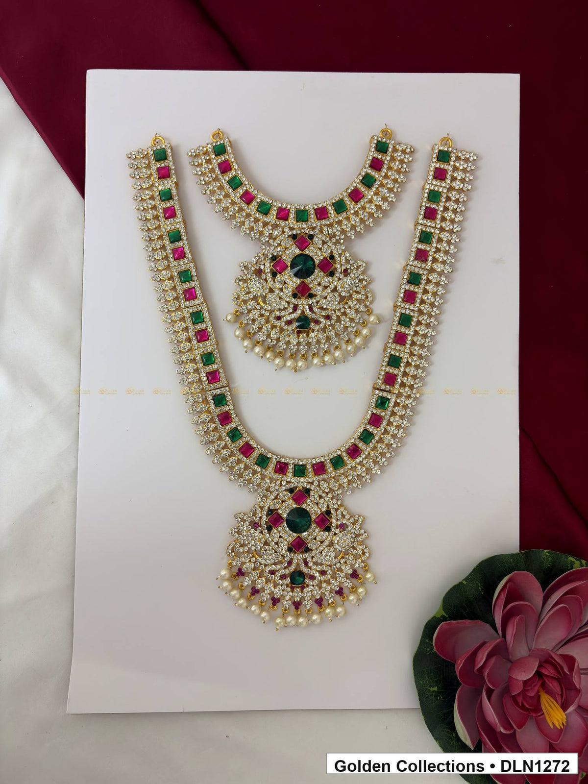 Red-Green Square-Arc Double-Medallion Deity Long Necklace for Idol Alankaram full product view for deity idol alankaram