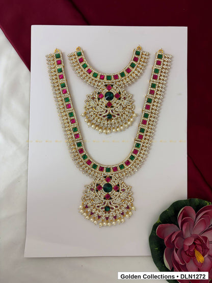 Red-Green Square-Arc Double-Medallion Deity Long Necklace for Idol Alankaram full product view for deity idol alankaram