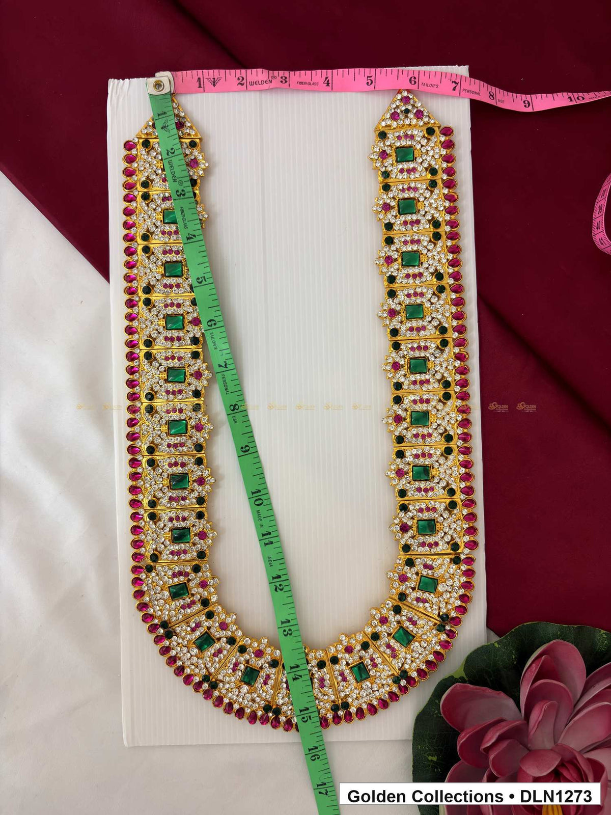 Alternate product view of Green Rectangle-Link Red-Border Deity Long Necklace for Idol Alankaram for deity idol alankaram