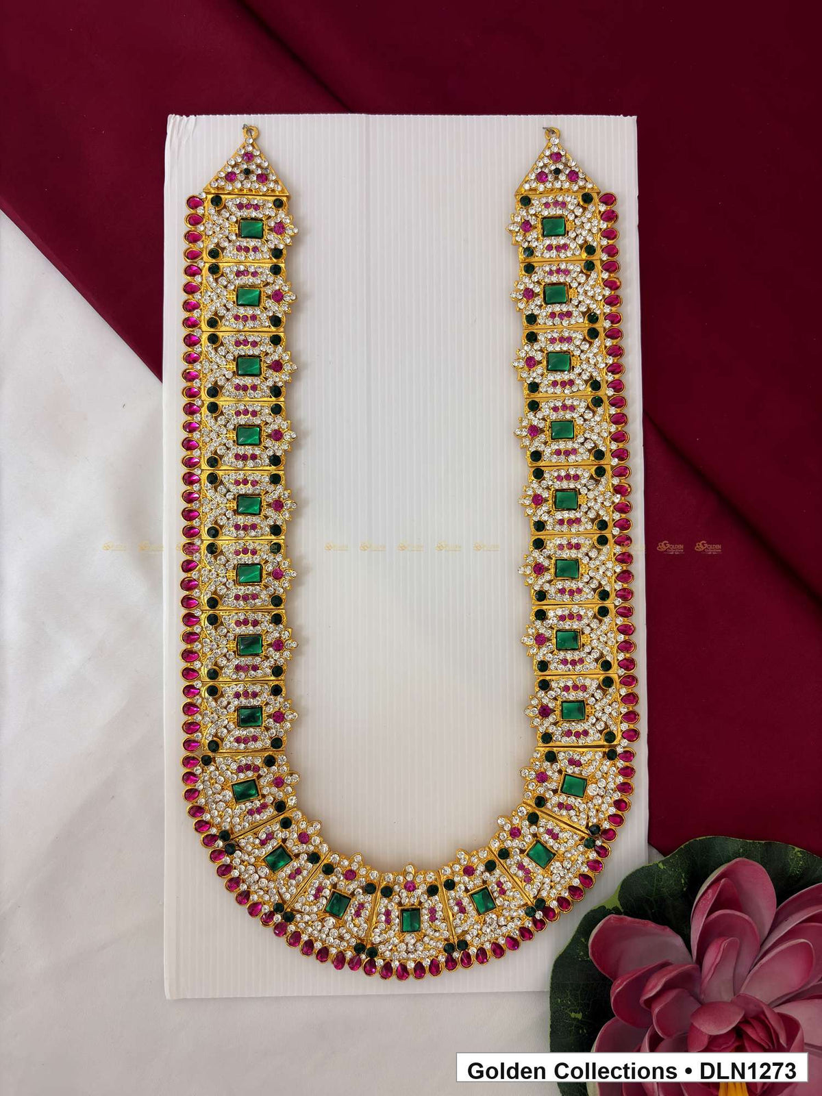Green Rectangle-Link Red-Border Deity Long Necklace for Idol Alankaram full product view for deity idol alankaram