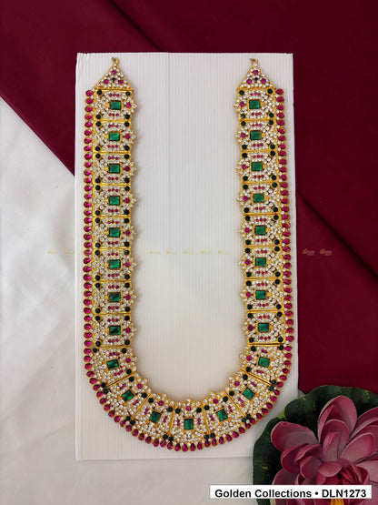 Green Rectangle-Link Red-Border Deity Long Necklace for Idol Alankaram full product view for deity idol alankaram