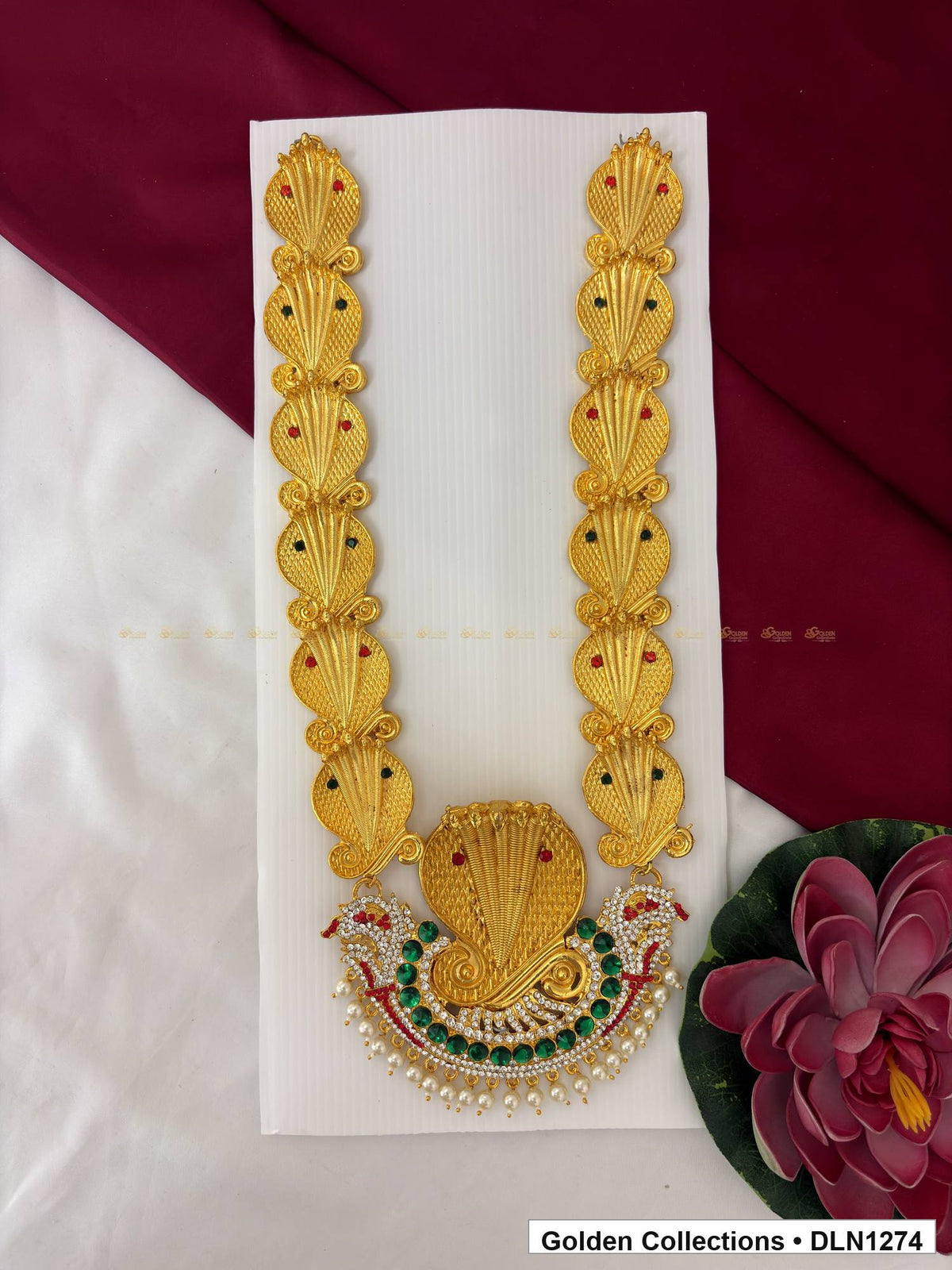 Leaf-Panel Twin-Bird Fan Pendant Deity Long Necklace for Idol Alankaram full product view for deity idol alankaram