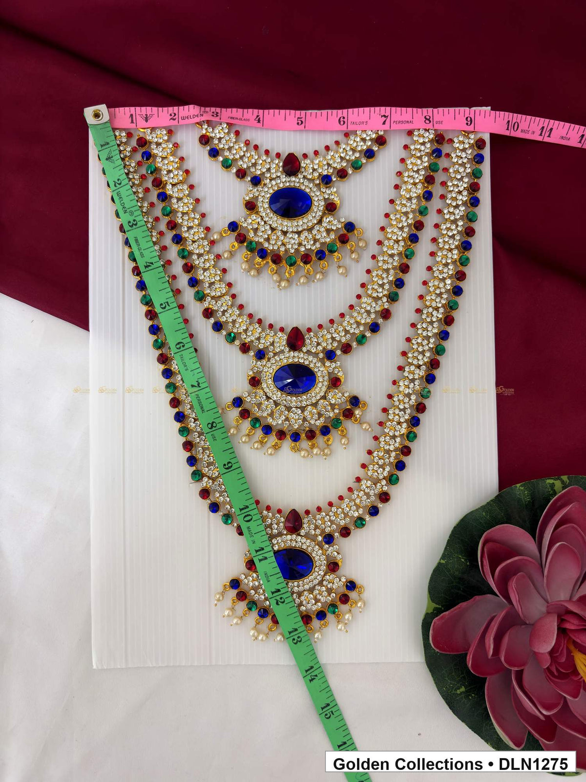 Alternate product view of Blue Oval Triple-Medallion Layered Deity Long Necklace for Idol Alankaram for deity idol alankaram