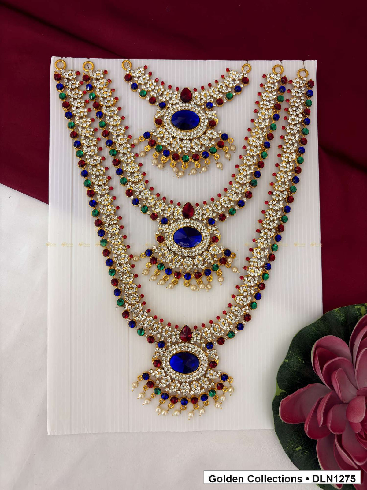 Blue Oval Triple-Medallion Layered Deity Long Necklace for Idol Alankaram full product view for deity idol alankaram