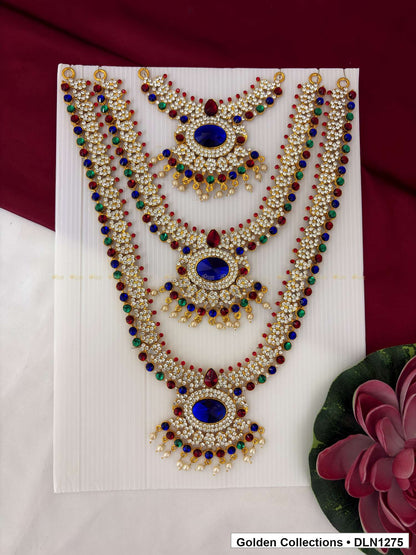 Blue Oval Triple-Medallion Layered Deity Long Necklace for Idol Alankaram full product view for deity idol alankaram