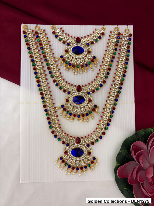 Blue Oval Triple-Medallion Layered Deity Long Necklace for Idol Alankaram full product view for deity idol alankaram