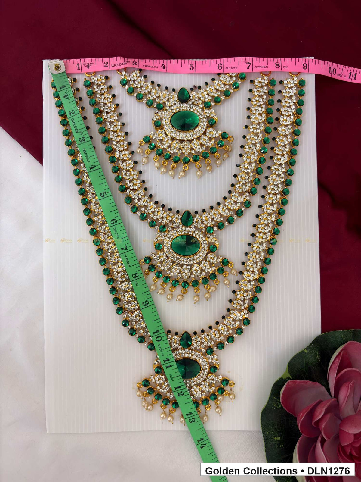 Alternate product view of Green Oval Triple-Medallion Layered Deity Long Necklace for Idol Alankaram for deity idol alankaram