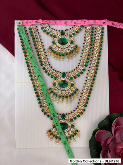 Alternate product view of Green Oval Triple-Medallion Layered Deity Long Necklace for Idol Alankaram for deity idol alankaram