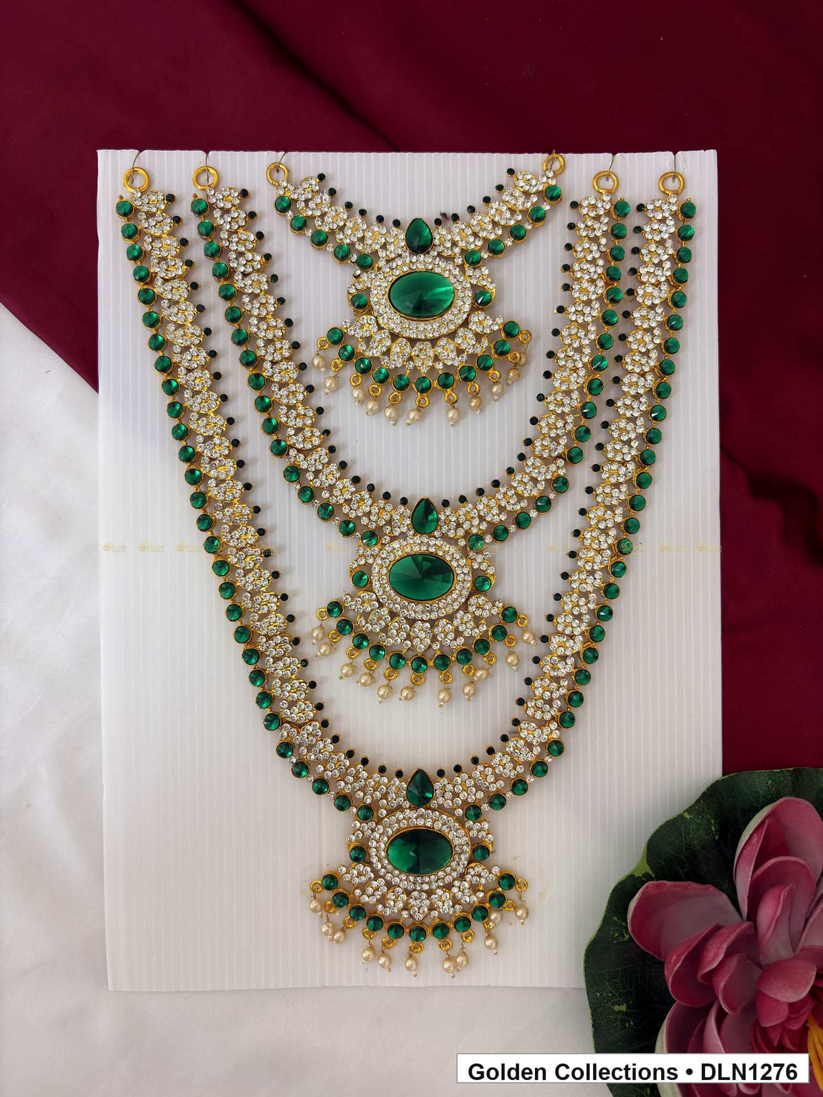 Green Oval Triple-Medallion Layered Deity Long Necklace for Idol Alankaram full product view for deity idol alankaram